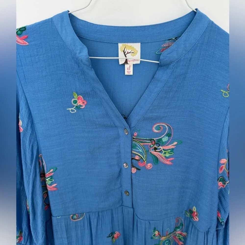 Anthropologie Fig And Flower Dress Womens XL Blue Tiered Embroidered Maxi - Picture 2 of 7
